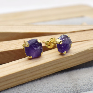 Natural Raw <b>Amethyst</b> <b>Stud</b> <b>Earring</b> Gold Electroplated Prong <b>Stud</b> Handmade Gemstone Jewelry Gift for Women - Product Image 3