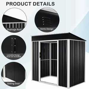 Capannone di stoccaggio del giardino del metallo nero 6X4 FT con il tetto inclinato e le doppie porte scorrevoli per la casa all'aperto di stoccaggio del cortile del Patio - Product Image 4
