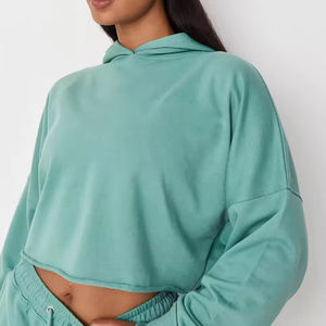 Trendy High Quality Solid Color <b>Custom</b> Zip up Drop Shoulder <b>Balloon</b> Sleeves Oversized Crop Top Hoodie Women - Product Image 3
