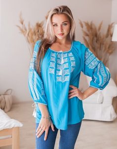 Blusa de Popelina Bordada para Mujer, con Cuello en V, Mangas Abullonadas, Corte Regular, Algodón Lavable, Ropa Casual de Primavera/Verano - Product Image 1