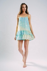 Mini robe Boho pour femmes finition miroir broderie 100% coton gaze aérée encolure dégagée bretelles fines à volants ourlet Plus - Product Image 4