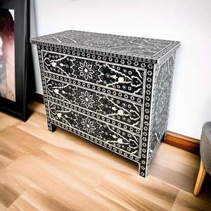 Mesita de Noche Premium con Cajón Lateral y Incrustaciones de Hueso, Gabinete Decorativo de Madera Hecho a Mano con Trabajo Artesanal Tradicional - Product Image 2