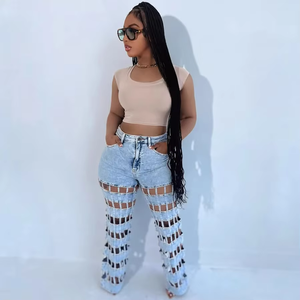 European and American Style Women's Ripped Jeans New Fashion Street Style Hollow Out High Waist Straight Pants - Product Image 2