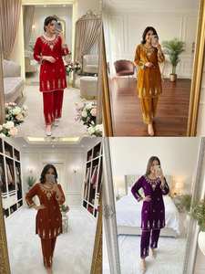 Conjunto de Kurti y Palazzo de Terciopelo con Bordado de Espejos Reales, Completamente Cosido, Listo para Usar, Atuendo Étnico de Lujo para Fiestas - Product Image 5