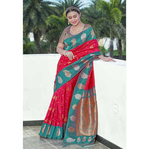 Sari en soie douce rose framboise Elite Weaves avec contraste tissé Zari, robe de soirée élégante - Product Image 1