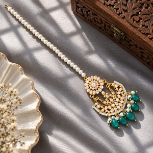 High Quality Pearl Chain Crescent Teal Drop Maang <b>Tikka</b> Wholesale Bulk Custom Design - Product Image 1
