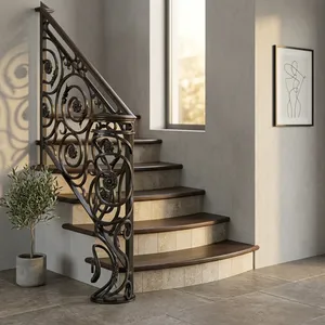 Luxury Black Wrought Iron Stair Railing Ornate Scroll Design Curved <b>Steps</b> Elegant Modern Balcony Home Interior Decor Rust - Product Image 3