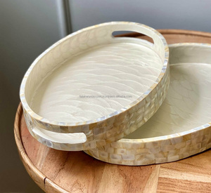 Plateau de service moderne en bois laqué, incrusté de nacre, fait main, écologique, léger, à motif floral, pour mariage - Product Image 5