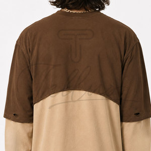 Chemises à manches longues amples, t-shirts unis, streetwear, t-shirts à manches doubles surdimensionnés, 100% coton, pour hommes - Product Image 6