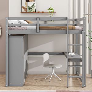 Letto a soppalco matrimoniale grigio con armadio integrato, scrivania, scaffali portaoggetti e cassetti - Legno - Product Image 3