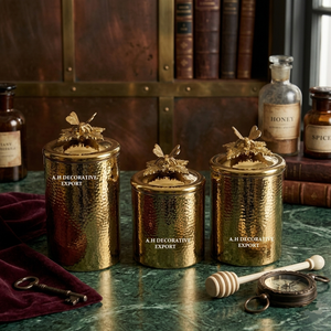 Set of 3 Gold Hammered Canisters for Spice Tea or Sugar Storage Designer Kitchen Accessories Container with Butterfly Accents - Product Image 4