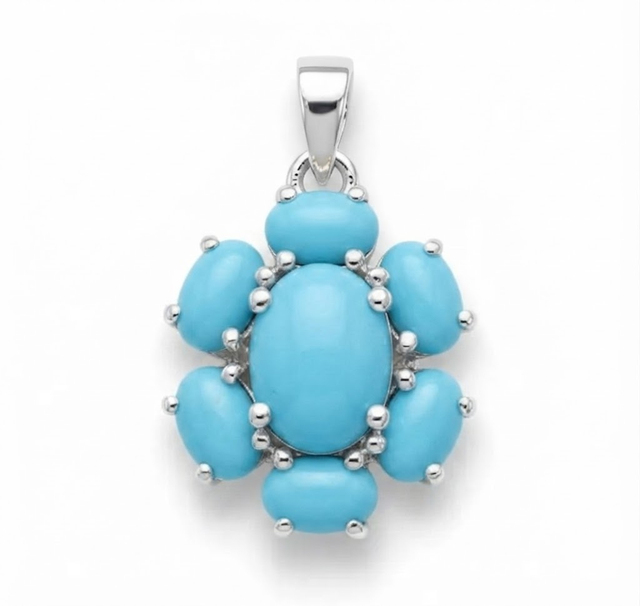 Rhaya Jewels Women's 100% Natural Turquoise Flower Pendant Rhodium Plated Sterling Silver Classic Nature Fine Charm Claw Setting