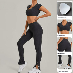 Women 2 Piece Yoga Set V Neck Crop Top High Waist <b>Leggings</b> Solid Color Breathable Spandex/Nylon Front Logo Workout Wear - Product Image 4