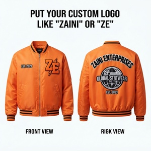 เสื้อแจ็คเก็ตบอมเบอร์ผู้ชาย พรีเมียม 180 GSM ผ้าโพลีเอสเตอร์สีส้มดำ แต่งขอบริบบิ้น ปักลายปักโลโก้ตามสั่ง สไตล์วาร์ซิตี้ สตรีทแวร์ ทรงพอดีตัว - Product Image 1
