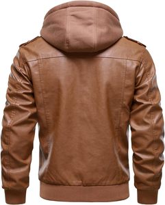 Men Brown PU Leather Hooded Moto <b>Biker</b> <b>Jacket</b> Zipper Front Solid Color Regular Sleeve Autumn Style - Product Image 3