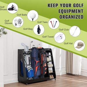 Stylish 47\" X 18\" X 40\" Wooden <b>Golf</b> Bag Organizer with Wheels Black <b>Golf</b> Storage <b>Rack</b> That Holds 3 Bags - Product Image 5