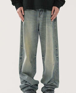 Jean large pour homme en denim délavé, coupe décontractée taille haute, style streetwear, en coton tissé pour l'automne - Product Image 6