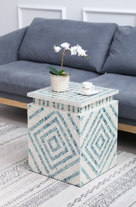 Stacked Blue Diamond Pattern Shell Inlaid <b>Stools</b> Mother of Pearl Natural Shell Mosaic Nightstand For Home Interior Styling - Product Image 4