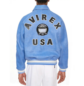 Veste bomber en daim bleu pour homme Huzu Enterprises, col rond, fermeture éclair sur le devant, style preppy, coupe classique, imperméable et coupe-vent - Product Image 4