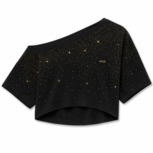 Camiseta de mujer asimétrica con pedrería, de moda, con hombros descubiertos, manga corta, para todas las estaciones, estilo glamuroso, con logo personalizado, top corto, para fiesta, color negro. - Product Image 3
