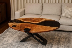 Table de salle à manger rectangulaire en résine époxy noire, faite à la main, en bois massif, fournisseur de meubles sur mesure pour la maison - Product Image 3