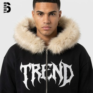 Sudadera con capucha negra personalizada para hombre, de tejido grueso, con cremallera, capucha de piel sintética, estampado gráfico gótico, estilo streetwear Y2K, corte holgado, de forro polar. - Product Image 1