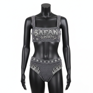 ชุดบิกินี่โพลีคุณภาพสูง สีเทาชาร์โคล ผ้าเนื้อยืดหยุ่น แผงข้างลายคริสตัลเปลวไฟ พร้อมโลโก้แบบรีดร้อน สำหรับผู้หญิง - Product Image 4