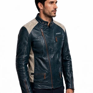 Amkoor Men's Genuine Leather Motorcycle <b>Jacket</b> <b>Slim</b> <b>Fit</b> Stand Collar Zipper Closure Solid Color Autumn Biker <b>Jacket</b> - Product Image 5