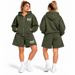 Ensemble décontracté 2 pièces pour femme : sweat à capuche court et short, 100 % coton, personnalisable avec logo, fermeture éclair, coupe oversize – Nouvelle collection en gros - Product Image 6