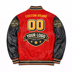 Veste universitaire personnalisée rouge et noire, style bomber, avec patch brodé, veste de baseball streetwear - Product Image 2