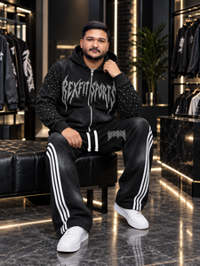 Ensemble de survêtement personnalisé pour homme, style streetwear, avec sweat à capuche zippé effet délavé soleil et pantalon de survêtement délavé à strass, coupe oversize, deux pièces, marque privée - Product Image 5