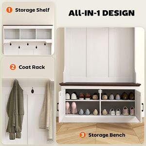 Appendiabiti da ingresso 3 in 1 in legno bianco con cinque ganci e panca porta scarpe, mobile per l'ingresso di casa - Product Image 4