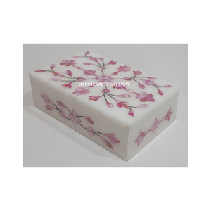 Boîte à bijoux en marbre blanc naturel, incrustation de nacre bleue, design floral en forme de rectangle, emballage et cadeaux en chaîne dorée - Product Image 3