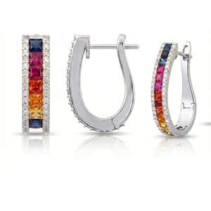 Boucles d'oreilles créoles pour femmes avec pierres précieuses dégradées arc-en-ciel et diamants taille ronde, pour usage quotidien, avec diamants naturels et de laboratoire et pierres précieuses - Product Image 2
