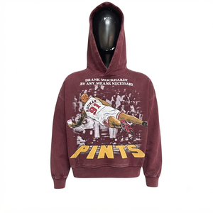 Sweat-shirt à capuche surdimensionné rouge pour homme, streetwear, imprimé graphique, en coton molletonné, design vintage, logo sur le devant - Product Image 3