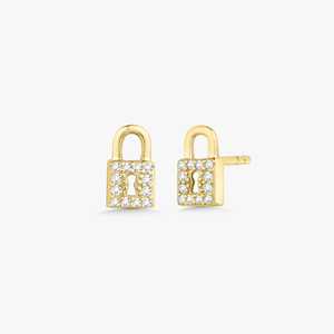 Boucles d'oreilles minimalistes à fermoir push-back en or massif 14K 18K, avec diamants de laboratoire taille ronde pavé, motif cadenas de luxe, pour usage quotidien - Product Image 1