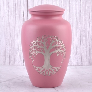 Urna Funeraria de Latón Mate Rosa para Adultos con Diseño de Árbol de la Vida Plateado para Cenizas Humanas, Urna Conmemorativa para Funeral - Product Image 1