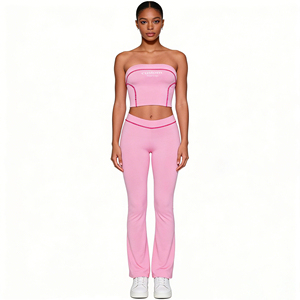Clothing Manufacturer Custom Women 2 Piece Athleisure Loungewear Shrug <b>Tube</b> Top Track Shorts Pants Flare Pants Yoga Outfits Sets - Product Image 4