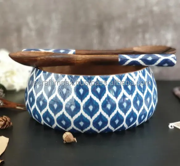 Mango wood bowl enamel serving bowl With Spoons set
