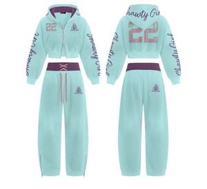 Custom 420 gsm Heavyweight Color Block Cotton Fleece Embroidered Cropped Pullover Hoodie & <b>Sweatpants</b> 2 Piece Set for <b>Women</b> - Product Image 2
