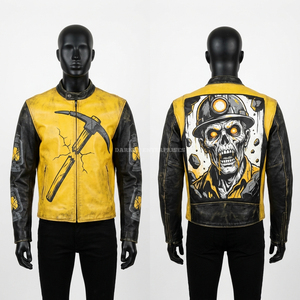 Veste de course en cuir Undead Miner personnalisée pour homme, jaune et noir, effet vieilli, style motard, avec motifs pioche et lanterne, streetwear moto - Product Image 1