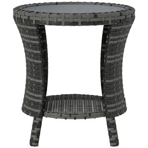 Tavolino da Caffè da Esterno Grigio da 18 Pollici con 2 Ripiani Portaoggetti, Tavolino Laterale da Patio in Vimini PE Leggero con Piano in Legno Composito e Struttura in Acciaio - Product Image 1