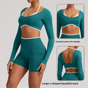 Ensemble de yoga 3 pièces personnalisé pour femme, couleur unie, col ras du cou, détails respirants, dos nageur sans manches, taille haute élastique - Product Image 2