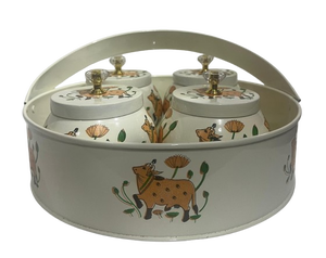 Ensemble de boîtes de cuisine rétro en métal blanc avec poignée, panier décoratif à imprimé animalier et floral, organiseur de rangement pour thé, café, sucre - Product Image 1