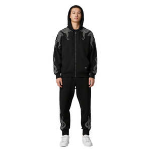 Ensemble de survêtement pour homme noir à capuche avec fermeture éclair, motif flamme en strass, sweat-shirt et pantalon de survêtement longs, style streetwear - Product Image 5
