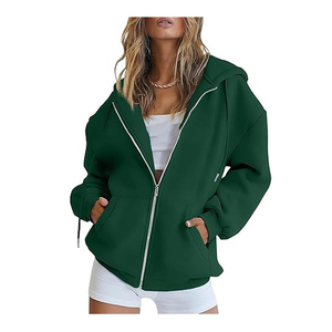 Sudadera con Capucha y Cierre de Cremallera para Mujer, Color Verde Oliva, Manga Larga, Tejido de Punto Sólido, Algodón, Estilo Casual de Otoño, Talla Grande - Product Image 3