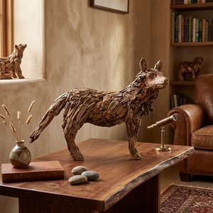 Handcrafted <b>wooden</b> wolf sculpture <b>rustic</b> teak driftwood animal statue looking right standing floor decoration frames spaces unit - Product Image 4