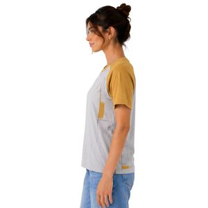 เสื้อยืดแร็กแลนสีเทาและสีเหลืองมัสตาร์ดสำหรับผู้หญิง สกรีนโลโก้ได้ คอกลม แขนสั้น ผ้าโพลีเอสเตอร์ผสมคอตตอน เสื้อยืดลำลองใส่สบายสำหรับฤดูร้อน รับผลิตเสื้อผ้าแบบ OEM - Product Image 3