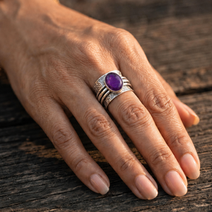 Royal Violet Amethyst Brass Bezel Set <b>Ring</b> Handmade Vintage Engraved Silver Plated Spinner <b>Statement</b> Gemstone Jewelry for - Product Image 3
