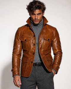 Chaqueta de Cuero Genuino Marrón Vintage para Hombre, Cuello Alto, Bolsillos Delanteros, Cierre de Botón, Abrigo de Otoño - Product Image 5